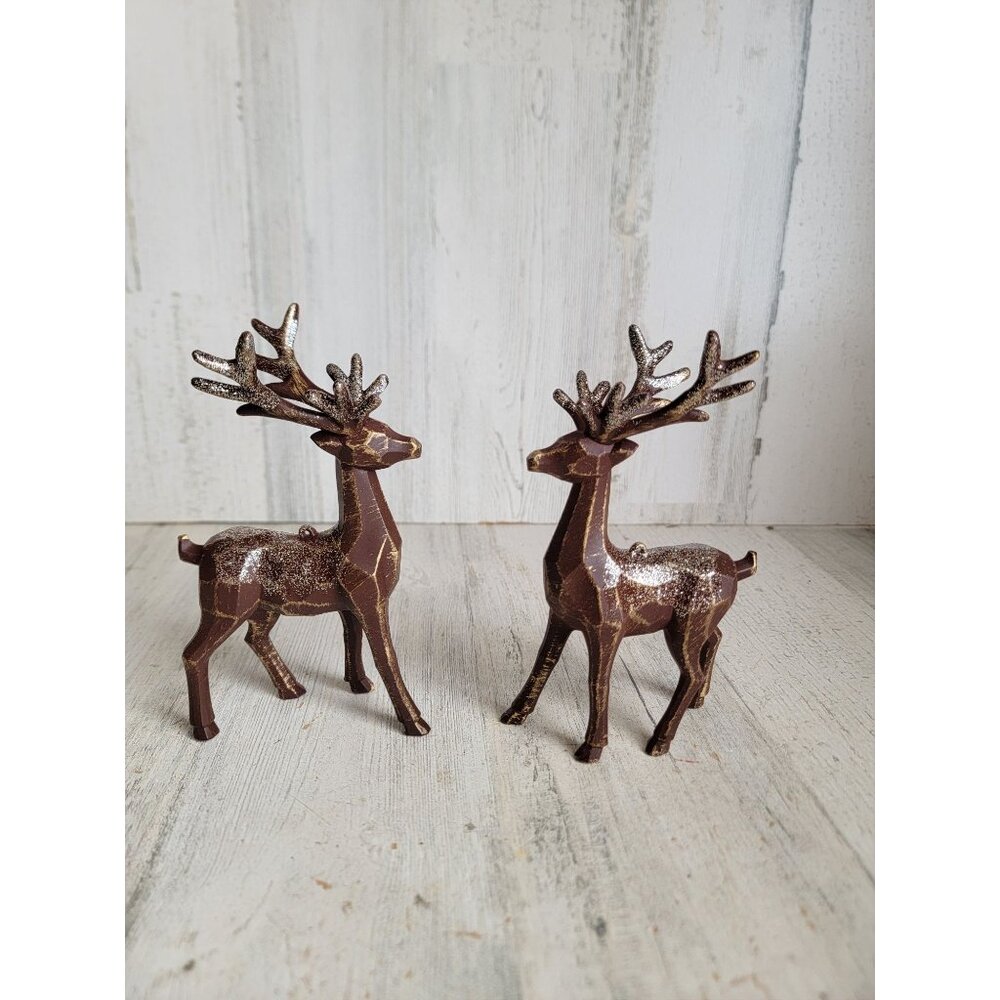 Vintage rustic glitter reindeer ornament Xmas set brown‎